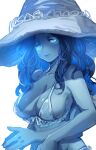  1girl blue_eyes blue_hair blue_skin bow_(bhp) breasts cleavage closed_mouth colored_skin elden_ring extra_arms hat large_breasts long_hair looking_at_viewer one_eye_closed own_hands_together ranni_the_witch simple_background solo upper_body white_background witch_hat 