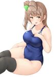  1girl :3 absurdres bangs bare_arms black_legwear blue_swimsuit blush breasts brown_hair collarbone commentary commentary_request covered_navel eyebrows_visible_through_hair hair_ribbon hand_on_own_chest highres long_hair looking_at_viewer love_live! medium_breasts minami_kotori one-piece_swimsuit open_mouth plump ribbon shinonon_(iso_shino) side_ponytail simple_background sitting smile solo swimsuit thighhighs thighs white_background yellow_eyes 