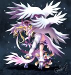  1girl angel_wings angewomon aqua_eyes ass asymmetrical_legwear bare_shoulders blonde_hair boots bow closed_mouth commentary digimon digimon_(creature) elbow_gloves fang feathered_wings from_behind full_body fur_trim gloves hair_ornament helmet high_heel_boots high_heels legs_apart long_hair looking_at_viewer looking_up oden_(odenzzi) open_mouth plotmon sash shadow signature skin_fang solo standing thigh_strap thighs uneven_legwear white_footwear white_gloves wings 