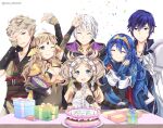  3boys 3girls ahoge asymmetrical_bangs bangs birthday_cake blue_eyes bodystocking breasts cake chrom_(fire_emblem) circlet covered_navel family fire_emblem fire_emblem_awakening fire_emblem_fates food grey_eyes headdress highres lissa_(fire_emblem) lucina_(fire_emblem) medium_breasts min_jeungi multiple_boys multiple_girls open_mouth ophelia_(fire_emblem) owain_(fire_emblem) robin_(fire_emblem) robin_(fire_emblem)_(male) smile tiara upper_body 