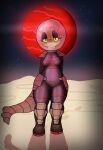  &lt;3 &lt;3_eyes amber_(squablodecomplash) anthro belly black_clothing breasts bubble_helmet clothing cosmic_background eyelashes eyeshadow facial_markings female freckles green_body green_scales half-closed_eyes head_markings hi_res horn horn_markings kobold makeup markings moon narrowed_eyes navel planet red_clothing red_moon reptile scales scalie sky solo space spacesuit squablodecomplash star starry_background starry_sky wide_hips 