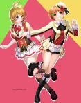  2girls artist_name black_footwear boots breasts full_body grin hair_ornament hat highres hoshizora_rin knee_boots koizumi_hanayo light_brown_hair long_sleeves looking_at_viewer love_live! medium_breasts mini_hat multicolored_background multiple_girls nakano_maru orange_hair parted_lips purple_eyes ribbon_hair short_sleeves skirt smile teeth white_headwear white_skirt yellow_eyes 