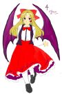  1girl absurdres arms_behind_back bat bat_wings black_footwear blonde_hair bow bowtie breasts closed_mouth collared_shirt commentary_request derivative_work elis_(touhou) eyebrows_visible_through_hair eyelashes facial_mark frilled_skirt frills full_body hair_bow happy highly_responsive_to_prayers highres korean_commentary kuya_(hey36253625) loafers long_hair long_skirt long_sleeves looking_at_viewer medium_breasts pink_bow pointy_ears purple_eyes purple_vest red_bow red_bowtie red_skirt shirt shoes simple_background skirt smile star_(symbol) star_wand touhou touhou_(pc-98) translation_request vest wand white_background white_legwear white_shirt wings 