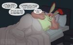  2019 anthro arcade_bunny bed bedding bedroom_eyes blanket concealing_penis dialogue english_text furniture hands_on_nipple holding_head lagomorph leporid male mammal moobs narrowed_eyes nightstand nintendo nintendo_badge_arcade nude overweight overweight_anthro overweight_male pillow porn_dialogue rabbit seductive solo text under_blanket video_games wolfbuns 