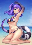  1girl arm_up armpits beach bikini blue_eyes braid breasts commentary dragon_girl dragon_tail english_commentary full_body grin head_wings heterochromia highres looking_at_viewer medium_breasts navel nijisanji nijisanji_en nitrus outdoors parted_lips partially_submerged purple_eyes purple_hair sand scar scar_on_arm selen_tatsuki smile solo swimsuit tail teeth twin_braids underboob virtual_youtuber water 