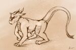  absurd_res animal_genitalia arcwolfdragon bodily_fluids claws cum cum_on_ground dragon dripping ejaculation erection feral fully_sheathed fur genital_fluids genitals grin hi_res horn hunting knot looking_at_viewer male nude penis penis_tip scalie sheath side_view sketch smile solo standing 
