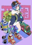  1girl :3 apex_legends arc_star backpack bag blue_hair blue_jacket briefcase dolphin_hair_ornament explosive glasses grenade highres holding holding_briefcase hood hoodie jacket nijisanji nishizono_chigusa pink_eyes purple_background red_footwear shadow shuriken smile solo standing tetsu_booya virtual_youtuber weapon white_hoodie 