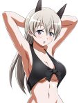  1girl animal_ears armpits arms_behind_head black_swimsuit blue_eyes blush breasts cleavage collarbone eila_ilmatar_juutilainen fox_ears hiro_yoshinaka long_hair looking_at_viewer navel open_mouth shiny shiny_hair shiny_skin silver_hair simple_background solo strike_witches swimsuit underboob upper_body white_background world_witches_series 
