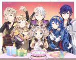  3boys 3girls ahoge asymmetrical_bangs bangs birthday_cake blue_eyes bodystocking breasts cake chrom_(fire_emblem) circlet covered_navel family fire_emblem fire_emblem_awakening fire_emblem_fates food grey_eyes headdress highres lissa_(fire_emblem) lucina_(fire_emblem) medium_breasts min_jeungi multiple_boys multiple_girls open_mouth ophelia_(fire_emblem) owain_(fire_emblem) robin_(fire_emblem) robin_(fire_emblem)_(male) smile tiara upper_body 