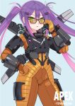  1girl absurdres apex_legends bangs blue_background blush bodysuit clenched_hand copyright_name cosplay eyebrows_visible_through_hair green_eyes hair_behind_ear hand_on_hip highres hololive jetpack logo looking_at_viewer open_mouth orange_bodysuit purple_hair ranobe-senka solo sunglasses tokoyami_towa twintails valkyrie_(apex_legends) valkyrie_(apex_legends)_(cosplay) virtual_youtuber 