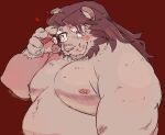  2022 anthro belly blush chisa_sa eyewear felid glasses humanoid_hands kemono lion male mammal mature_male moobs nipples overweight overweight_male pantherine red_background simple_background solo 