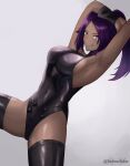  1girl armpits black_legwear bleach breasts brown_eyes highres katsu_(35127689) large_breasts latex licking_lips long_hair looking_at_viewer ponytail presenting_armpit purple_hair shihouin_yoruichi solo thighhighs thighs tongue tongue_out 