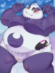  2022 alp_(tas) anthro belly blush bodily_fluids bulge clothing cute_fangs genital_fluids giant_panda hi_res humanoid_hands kemono lifewonders male mammal moobs nipples overweight overweight_male precum purple_body rodemaru solo tokyo_afterschool_summoners underwear ursid video_games white_body 