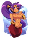  1girl arm_behind_back artist_name black_choker blue_eyes blush bottle choker commentary dark-skinned_female dark_skin earrings english_commentary jewelry long_hair looking_at_viewer navel nipples pointy_ears ponytail pouring purple_hair shantae shantae_(series) smile solo squeezable_(artist) topless very_long_hair 