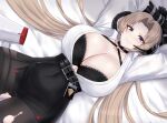  1girl absurdres arms_up azur_lane bangs bed_sheet belt black_belt black_bra black_choker black_gloves black_legwear black_skirt blonde_hair blue_eyes bra breasts choker cleavage collarbone collared_shirt covered_navel cowboy_shot cuffed cuffs dutch_angle elbow_gloves english_commentary gloves grimace handcuffs headset high-waist_skirt highres impossible_hair kanta_(kanta_077) kronshtadt_(azur_lane) kronshtadt_(begin_the_rush!)_(azur_lane) large_breasts long_hair long_sleeves looking_at_viewer megaphone mole mole_on_breast official_alternate_costume pantyhose parted_bangs partially_unbuttoned pencil_skirt shadow shirt sidelocks skindentation skirt solo teeth torn_clothes torn_legwear underwear very_long_hair white_shirt 