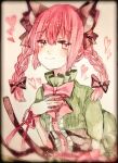  1girl \||/ adapted_costume animal_ear_fluff animal_ears black_bow blurry blush bow braid breasts cat_ears cat_tail center_frills closed_mouth depth_of_field dress extra_ears eyebrows_visible_through_hair frills green_dress hair_bow hair_ribbon hand_on_own_chest hand_up kaenbyou_rin long_hair looking_at_viewer multiple_tails nekomata red_eyes red_hair red_ribbon renka_(sutegoma25) ribbon small_breasts smile solo tail touhou tress_ribbon twin_braids twintails two_tails upper_body vignetting wrist_ribbon 