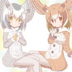  2girls :o bangs blush brown_eyes brown_hair brown_jacket brown_wings closed_mouth commentary_request eurasian_eagle_owl_(kemono_friends) eyebrows_visible_through_hair feathered_wings feet_out_of_frame gloves grey_gloves grey_hair grey_jacket grey_legwear grey_wings hair_between_eyes head_wings highres holding holding_spoon jacket kemono_friends long_sleeves multicolored_hair multiple_girls northern_white-faced_owl_(kemono_friends) orange_gloves pantyhose parted_lips sitting smile spoon sunanuko_(ramuneko) two-tone_hair white_hair wings yellow_eyes 
