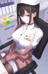  1girl black_choker black_hair black_legwear blush breasts choker commentary hat highres infirmary kfr long_hair looking_at_viewer nurse nurse_cap original pantyhose purple_eyes sitting solo sweater 