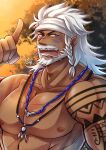  abs absurdres bara beard blue_eyes dark-skinned_male dark_skin facial_hair final_fantasy final_fantasy_xiv headband highres hyur kageru_(mofnyan) large_pectorals long_hair lyon_rem_helsos male_focus mature_male muscular muscular_male mustache nipples old old_man pectorals scar scar_on_face scar_on_nose shoulder_tattoo solo tattoo teasing topless_male white_hair 