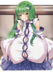  1girl breasts detached_sleeves frog frog_hair_ornament gigantic_breasts green_eyes green_hair hair_ornament hair_tubes highres kochiya_sanae pointy_breasts sagging_breasts snake snake_hair_ornament solo sukoyaka93 touhou 