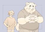  2022 anthro belly blush bottomwear canid canine canis clothing domestic_dog duo eyes_closed humanoid_hands inunoshippo japanese_text kemono male mammal overweight overweight_male pants shirt size_difference text topwear 