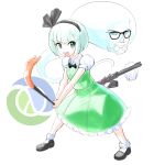  1boy 1girl black_footwear bob_cut bow bowtie breasts buttons collared_shirt crossover frilled_skirt frills glasses gordon_freeman green_eyes green_skirt green_vest half-life highres konpaku_youmu konpaku_youmu_(ghost) mary_janes open_mouth profitshame programming_(topic) puffy_short_sleeves puffy_sleeves scabbard sheath shirt shoes short_hair short_sleeves skirt skirt_set small_breasts solo standing tools touhou vest white_background white_hair 