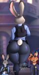  annoyed anthro badge big_butt breasts butt canid canine clothed clothing dialogue disney duo eyewear female fox fully_clothed hi_res judy_hopps lagomorph leporid male mammal nexcoyotlgt nick_wilde police rabbit rear_view sunglasses thick_thighs uniform wide_hips zootopia 