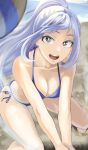  1girl :d absurdres alternate_costume alternate_hairstyle beach bikini blue_bikini blue_eyes boku_no_hero_academia breasts bright_pupils cleavage day fengling_(furin-jp) hadou_nejire highres long_hair medium_breasts open_mouth outdoors ponytail sand side-tie_bikini sidelocks smile solo swimsuit teeth upper_teeth v_arms volleyball white_pupils 