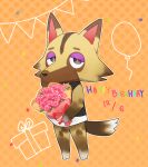  1boy animal_crossing animal_ears animal_feet animal_nose balloon black_shirt body_fur bottomless bouquet box bright_pupils brown_fur commentary_request dated flower full_body furry furry_male gift gift_box half-closed_eyes hand_on_own_cheek hand_on_own_face hand_up happy_birthday highres holding holding_bouquet kureson_(hayama_baa) kyle_(animal_crossing) looking_at_viewer male_focus orange_background outline polka_dot polka_dot_background purple_eyes red_flower red_rose rose shirt sleeveless sleeveless_shirt snout solo standing string_of_flags tail white_fur white_outline white_pupils wolf_boy wolf_ears wolf_tail yellow_fur 