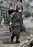  1girl 1other absurdres ammunition ammunition_box black_footwear black_hair black_pants blurry blurry_background boots camouflage camouflage_jacket city commission explosive full_body german_army gewehr_43 green_jacket grenade grey_sky gun helmet highres holding holding_gun holding_weapon jacket long_hair long_sleeves looking_at_viewer mardjan military military_helmet military_uniform open_mouth original outdoors pants paratrooper red_eyes red_scarf scarf uniform weapon world_war_ii 
