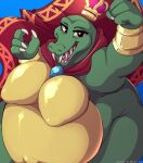  anthro armor big_breasts blue_background breasts cape claws clothing crocodile crocodilian crocodylid crossgender crown donkey_kong_(series) female fist gem green_body green_scales high-angle_view javanshir king_k._rool kremling looking_at_viewer nintendo obese obese_female overweight overweight_female raised_arm raised_fist reptile scales scalie sharp_teeth simple_background smile solo teeth thick_thighs video_games 