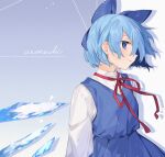  1girl akagashi_hagane bangs blue_background blue_bow blue_eyes blue_hair blue_skirt blue_vest bow cirno commentary_request detached_wings drop_shadow hair_bow ice ice_wings long_sleeves neck_ribbon red_ribbon ribbon shirt short_hair skirt solo touhou upper_body vest white_background white_shirt wind wings 