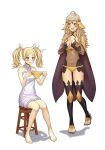  2girls absurdres ahoge asymmetrical_bangs bangs bodystocking breasts cape covered_navel fire_emblem fire_emblem_awakening fire_emblem_fates grandmother_and_granddaughter grey_eyes highres lissa_(fire_emblem) medium_breasts multiple_girls nightgown open_mouth ophelia_(fire_emblem) panties saikunartworks sitting stool thighhighs turtleneck twintails underwear yellow_panties 