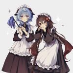  1225ka 2girls :o ahoge alternate_costume apron bangs black_dress blue_hair broom brown_hair closed_mouth dress duster enmaided flower flower-shaped_pupils frilled_apron frills ganyu_(genshin_impact) genshin_impact grey_background hair_flaps hair_flower hair_ornament hair_tassel hand_rest head_rest highres horns hu_tao_(genshin_impact) long_hair long_sleeves looking_at_viewer maid maid_headdress multiple_girls puffy_long_sleeves puffy_sleeves purple_eyes red_eyes red_flower sidelocks smile sparkle symbol-shaped_pupils twintails very_long_hair white_apron 