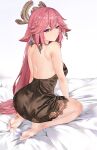  1girl absurdres animal_ears arm_support bangs bare_back bare_legs bare_shoulders barefoot bed_sheet breasts dress earrings fox_ears from_behind gem genshin_impact halo halterneck highres jewelry lace-trimmed_dress lace_trim lingerie long_hair negligee nightgown on_bed parted_lips pink_hair plantar_flexion purple_eyes ritalem seiza short_dress sitting sleepwear sleeveless soles solo toes underwear very_long_hair white_background yae_miko 