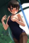  1girl absurdres bangs bare_arms bare_shoulders black_hair black_swimsuit blurry blurry_background blush breasts brown_eyes brown_legwear collarbone covered_navel covering covering_one_breast cowboy_shot depth_of_field eyebrows_visible_through_hair hands_up highres matsunaga_kouyou nose_blush one-piece_swimsuit original pantyhose short_hair small_breasts solo standing swimsuit thighband_pantyhose window 