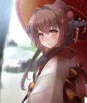  1girl absurdres blurry brown_hair cherry_blossoms depth_of_field headgear highres japanese_clothes kantai_collection kimono long_hair looking_at_viewer nuka_(nvkka) official_alternate_costume oil-paper_umbrella ponytail red_eyes red_umbrella redrawn solo twitter_username umbrella upper_body white_kimono yamato_(kancolle) 