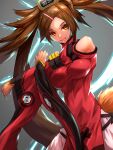  1girl absurdres arms_up bangs bare_shoulders breasts brown_hair can china_dress chinese_clothes detached_sleeves dress guilty_gear guilty_gear_xrd hair_ornament hairclip highres kuradoberi_jam large_breasts long_hair looking_at_viewer shaded_face skin_tight skirt solo stretch swept_bangs ura_dora wide_sleeves yellow_eyes 