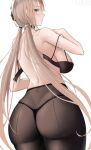  1girl ass azur_lane backboob black_bra black_choker black_panties blue_eyes bra breasts brown_legwear choker cowboy_shot from_behind highres kronshtadt_(azur_lane) large_breasts larger_bmx light_brown_hair long_hair looking_at_viewer looking_back open_bra panties panties_under_pantyhose pantyhose simple_background solo twintails underwear very_long_hair white_background 