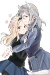  2girls :s aleksandra_i._pokryshkin anger_vein animal_ears aurora_e._juutilainen black_jacket blonde_hair blue_eyes blue_headband blue_skirt blush brave_witches dog_ears dog_tail grey_hair grey_shirt grey_vest hair_between_eyes hand_on_another&#039;s_head happy_birthday headband highres hugging_own_legs jacket long_hair looking_at_viewer multiple_girls okeke_power_nishiko pantyhose purple_eyes shirt skirt smile sweatdrop tail vest white_background world_witches_series 