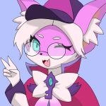  anthro astromon blue_background blue_eyes canid canine clothing detective_hat eyewear fangs female fox fur gesture glasses hair inner_ear_fluff mammal multicolored_body multicolored_fur one_eye_closed open_mouth pink_body pink_fur saeko_art sherlock_holmes_(monster_super_league) simple_background solo tuft two_tone_body two_tone_fur v_sign white_hair 