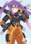  1girl absurdres apex_legends bangs blue_background blush bodysuit clenched_hand copyright_name cosplay eyebrows_visible_through_hair green_eyes hair_behind_ear hand_on_hip highres hololive jetpack logo looking_at_viewer open_mouth orange_bodysuit purple_hair ranobe-senka solo tokoyami_towa twintails valkyrie_(apex_legends) valkyrie_(apex_legends)_(cosplay) virtual_youtuber 