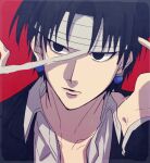  1boy bandaged_head bandages black_eyes black_hair chrollo_lucilfer earrings expressionless hand_up hunter_x_hunter jewelry long_sleeves male_focus pitatann red_background solo 