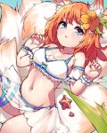  1girl animal_ears arm_up bangs bare_shoulders bikini blue_eyes blue_ribbon breasts cleavage collarbone cymlim eight-tailed_fox_nari frilled_bikini frills guardian_tales hair_ornament highres looking_at_viewer open_mouth orange_hair ribbon stomach swimsuit tail 