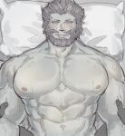  2boys abs avatar_(ff14) bara beard blush colored_skin completely_nude facial_hair final_fantasy final_fantasy_xiv grey_hair grey_skin highres implied_anal implied_sex large_pectorals lying male_focus mature_male multiple_boys muscular muscular_male mustache navel nipples nude on_back on_bed pectorals pillow pov pov_hands roegadyn scar scar_on_face scar_on_nose short_hair smile stomach taker_pov uori yaoi 