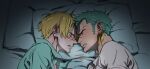  2boys bed blonde_hair earrings from_side green_hair implied_masturbation jewelry looking_at_another lying male_focus multiple_boys on_side one_piece roronoa_zoro sanji sweat taro_(honyarara00) yaoi 