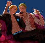  2boys absurdres alcohol blonde_hair couch crossed_legs cup doughnut drinking_glass facial_hair feeding food green_hair highres holding holding_cup looking_at_another male_focus multiple_boys one_piece open_clothes open_shirt roronoa_zoro sanji sitting smirk yaoi yuu_shishio 