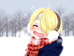  1boy :d ^_^ ^o^ blonde_hair closed_eyes coat earmuffs hair_over_one_eye male_focus one_piece outdoors sanji scarf smile solo taro_(honyarara00) winter winter_clothes younger 