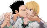  2boys black_hair blonde_hair blue_eyes earrings holding_another&#039;s_wrist hunter_x_hunter imminent_kiss jewelry kurapika leorio_paladiknight male_focus multiple_boys otoko_no_ko salgu sunglasses white_background yaoi 