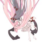  2girls absurdly_long_hair akemi_homura akuma_homura bare_legs barefoot black_hair closed_eyes commentary_request dress falling flower hair_ribbon hairband hands_on_another&#039;s_cheeks hands_on_another&#039;s_face kaname_madoka long_hair looking_at_another mahou_shoujo_madoka_magica multiple_girls pastel_colors pink_hair purple_eyes reaching_out red_flower ribbon short_sleeves simple_background spider_lily u_emper ultimate_madoka very_long_hair white_background white_dress white_hairband white_ribbon 